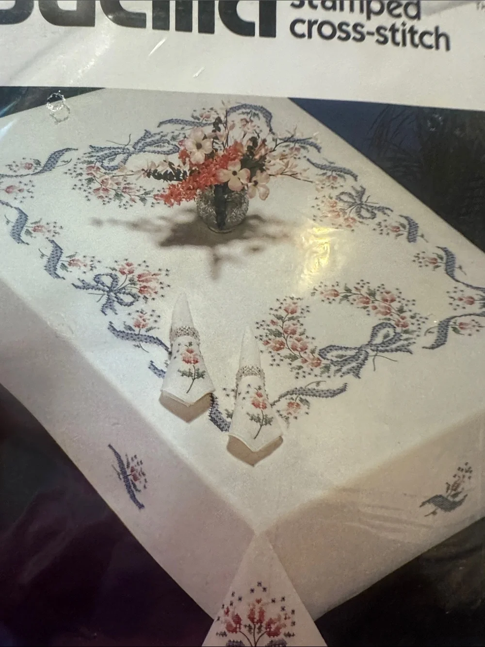 Bucilla White Tablecloth with Blue Ribbon and Pink Tulips cross stitch 60x80